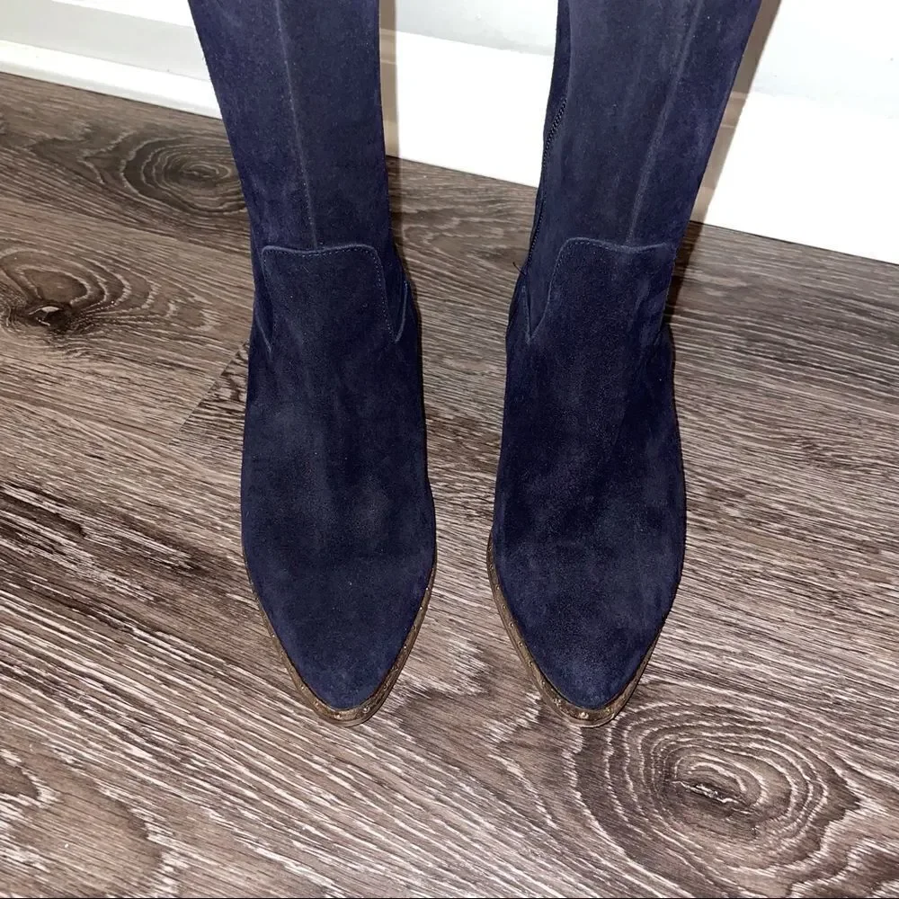 Ted & Muffy navy suede over the knee pointed toe boots